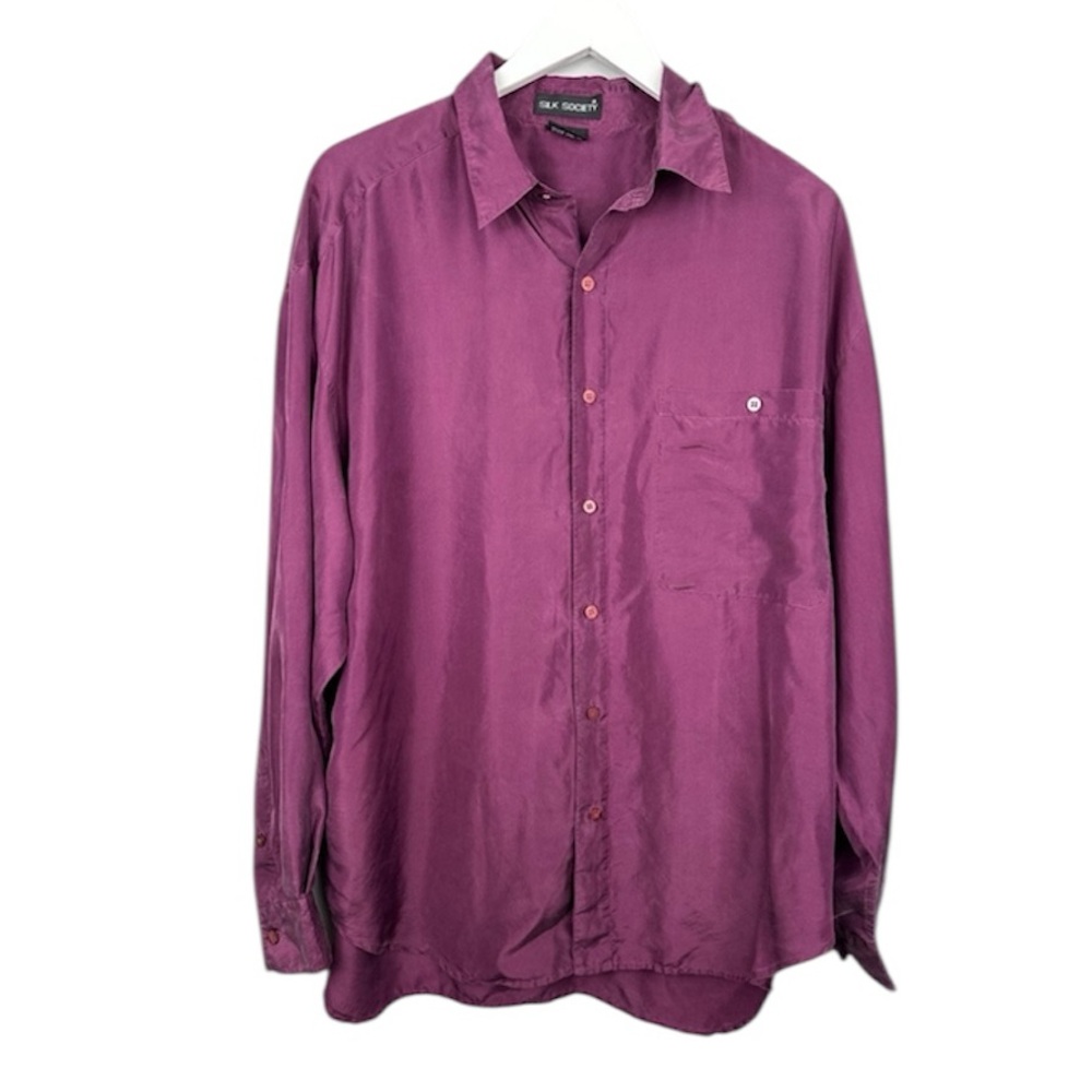 Silk Society Plum Purple 100% Silk Button Down Long Sleeve Top Large